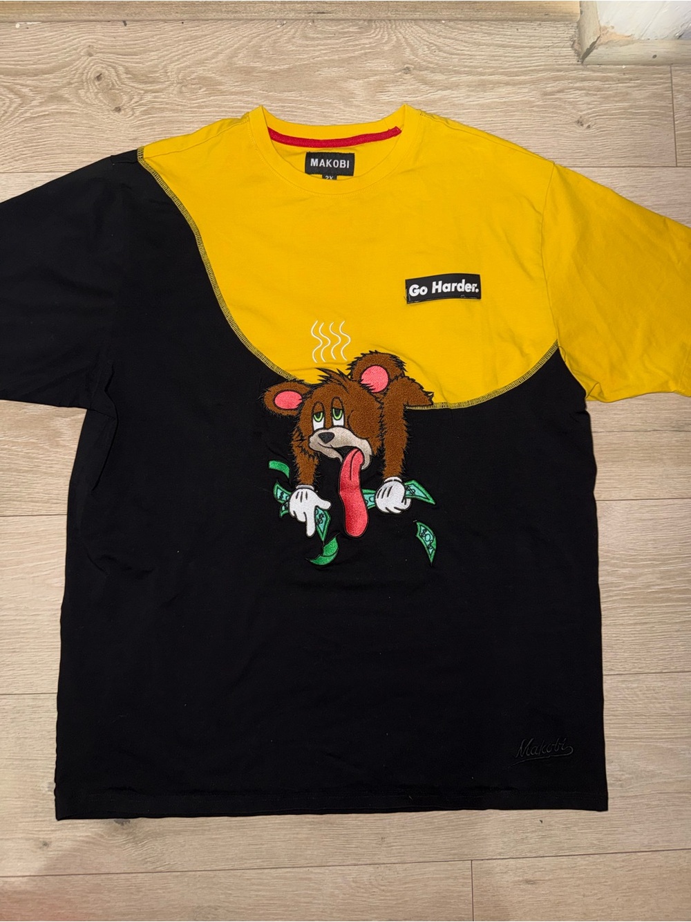 Makobi Jeans Black & Yellow Two-Tone "Go Harder" Tom and Jerry Embroidered Tee